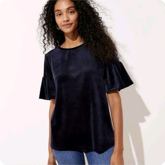 Ann Taylor Velvet Ruffle Sleeve Blue Top Crew Neck Holiday Party Work XS NWT - Picture 10 of 13